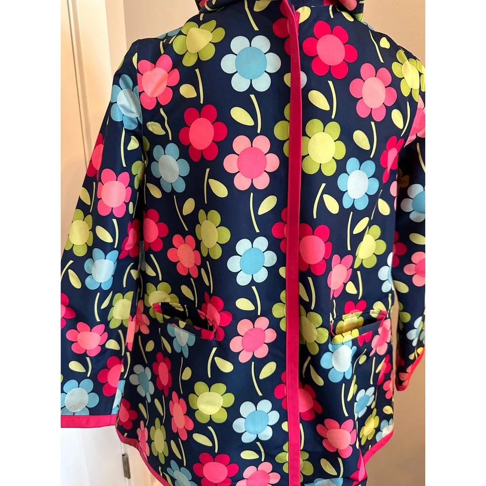 Gymboree Girls Navy Blue Floral Hooded Raincoat Pink Lining Size L 10-12
